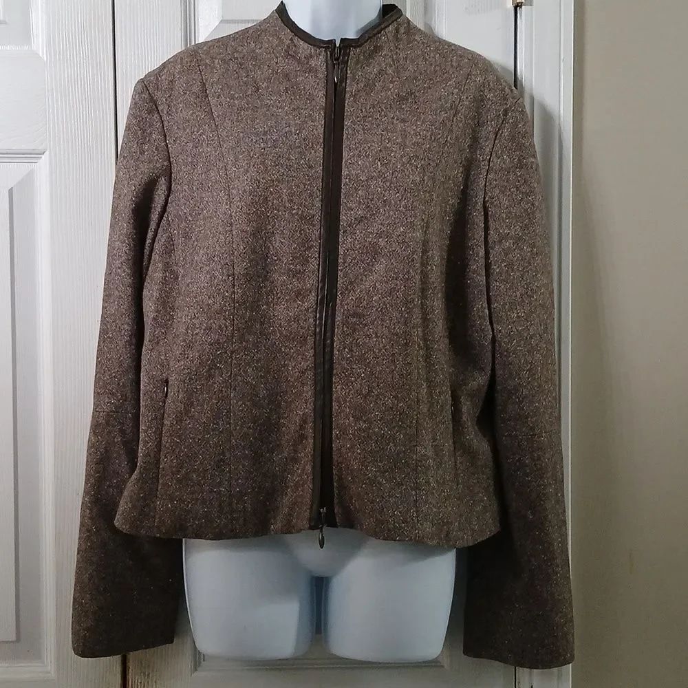 Kenneth Cole brown tweed wool blend zip front lightweight jacket Sz 14 NWOT
